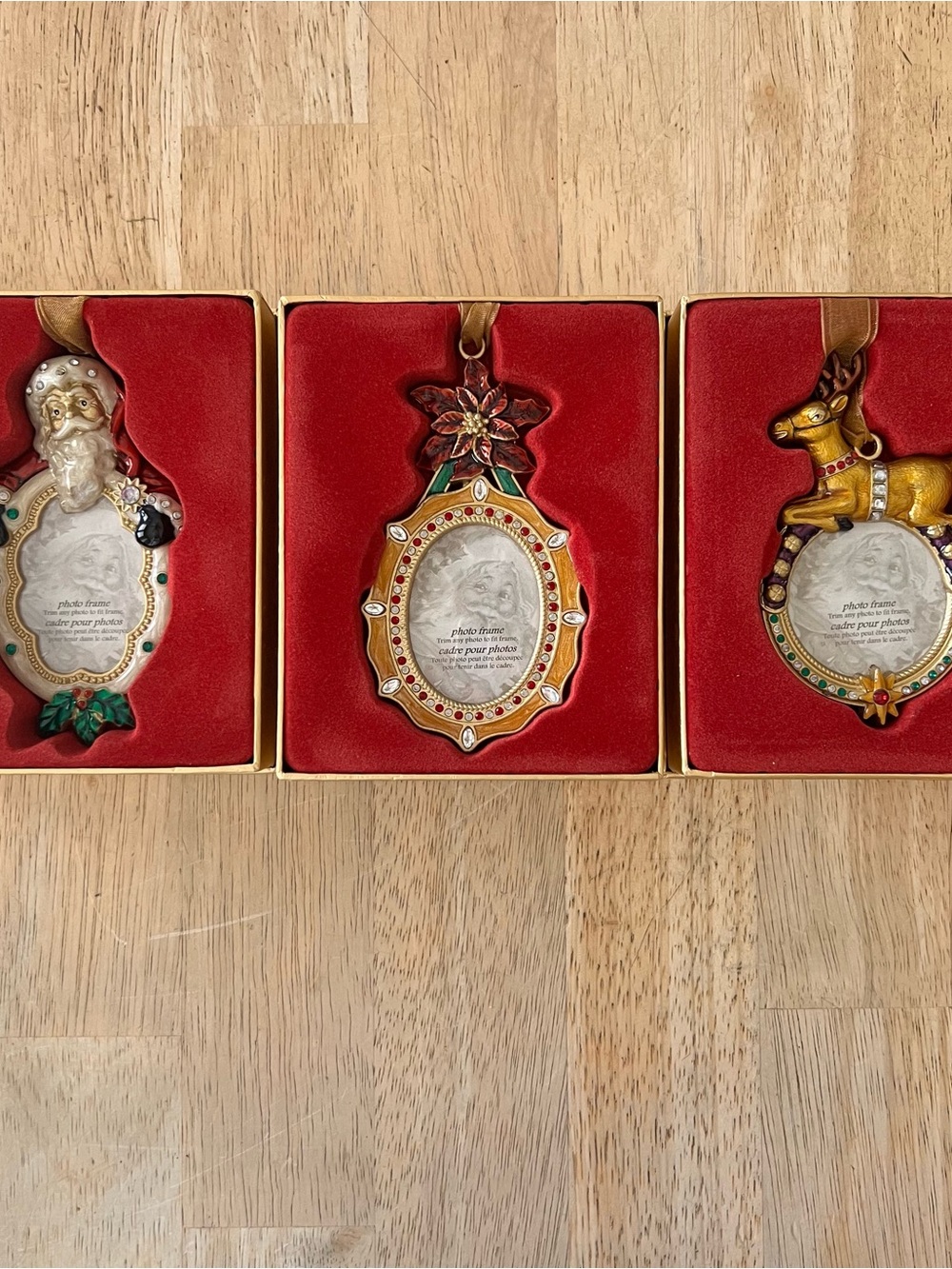 Set of 3 Vintage Costco Enamel Photo Frame Christmas Ornaments ~ Santa